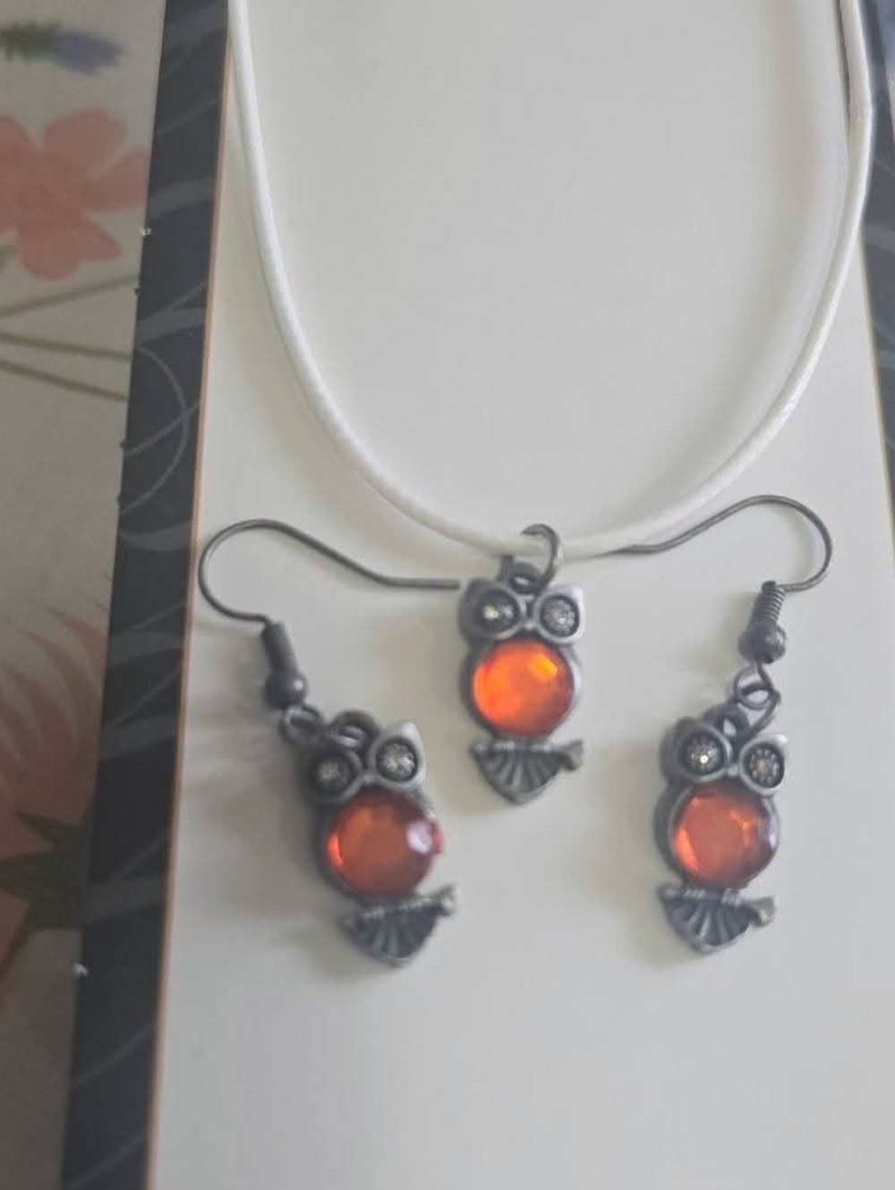 Orange Owl Pendant Necklace and Earrings Set -